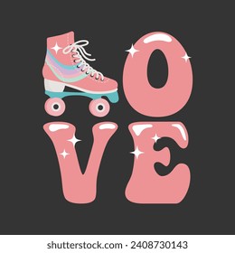 Lettering Love with a roller skate. Retro icon, illustration in cartoon style, vector