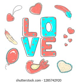 lettering love, stylized large letters on a white background with elements for design