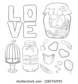 lettering love, stylized large letters on a white background with with birds in love