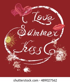  Lettering - love, summer, kiss. Vector on red background. Hand drawn inscription. Calligraphic design. For fabric, wrapping paper, print. Isolated illustration.