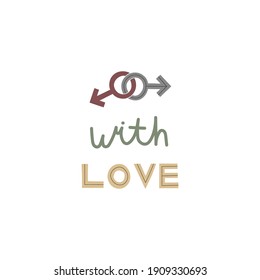 Dejando De Lado Con Amor. Ilustración plana vectorial aislada en blanco. Sticker de saludos homosexuales para el Día de San Valentín. Amor entre personas del mismo sexo. Pareja gay masculina.