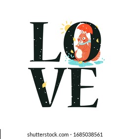 Lettering love word design with cute squirrel with umbrella in the rain, in a warm scarf. Funny card with cute squirrel, autumn forest animal love vector illustration, print phrase, poster, t-shirt