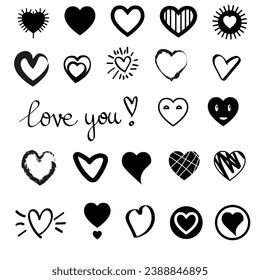 Lettering LOVE and YOU. Different hearts collection. Vector heart set, simple flat design, different brush textures
