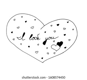 lettering I love you in a heart with small hearts. Valentine's day heart on a white background. Vector illustration in doodle style. Line art. Ideal for decorating postcards, website, for typography