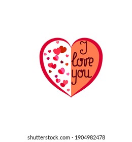 Lettering I love you and hearts in red heart. Romantic symbol linked, join, love, passion, wedding. Template for t shirt, apparel, card, poster Design element for valentine day. Vector illustration