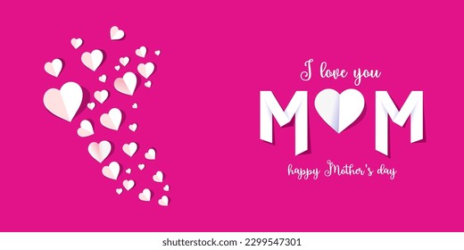 Lettering I love you Mom beautiful greetings card with many hearts on pink background. clean minimal vector illustration for happy mother's day