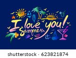 Lettering i love you summer on a dark background. Beautiful background, invitation, banner, poster with signs and symbols of summer