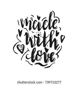 Lettering made with love. Hand drawn vector illustration, brushpen. Hand lettering quote for handcrafted products. Calligraphic logo for handmade goods.