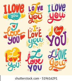 Lettering made for postcard, inspirational quote, save the date card, greeting sign message decoration, posters or postcards. I love you hand lettering. Vector Set of love. Happy Valentines day sign.