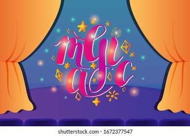 Letras: magia, con un escenario y un auditorio, actuación. Ilustración vectorial, diseño gráfico.
