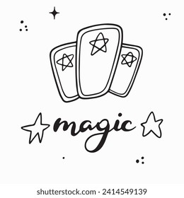 Lettering Magic and tarot illustration.Handdrawn  illustration isolated on white bkgr.B and w design for psychology,poster,postcard,label,sticker,t-shirt,web,print,stamp,tattoo,etc.