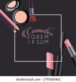 lettering and make-up cosmetics square frame in black background vector illustration design