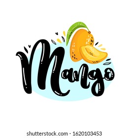 Lettering Mango logo with ripe juicy fruit Mango. Colorful logo for Juice, Lemonade, Cream, Chocolate, Tea, Drinks