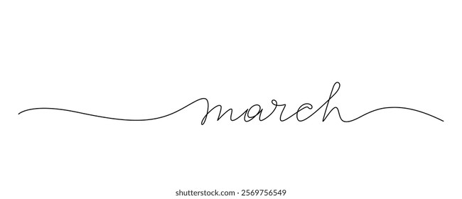 Lettering March drawn with continuous line in minimalism, abstract style, handwritten inscription, calendar, name of month, spring, planner, word, letters, one line, editable vector contour