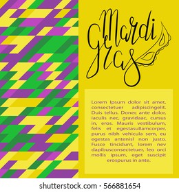 Lettering Mardi Gras with carnival mask on polygonal green, yellow and purple background. Vector. Template for cards, invitations.