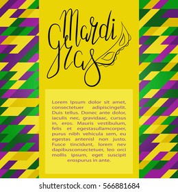 Lettering Mardi Gras with carnival mask on polygonal green, yellow and purple background. Vector. Template for cards, invitations.