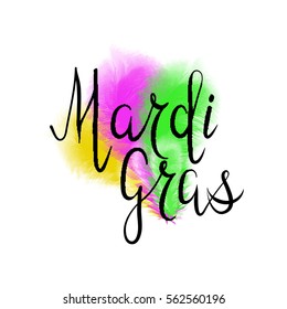 Lettering Mardi Gras with yellow, green and purple ostrich feathers. Vector. Calligraphy inscription Mardi Gras for cards, invitations, posters.