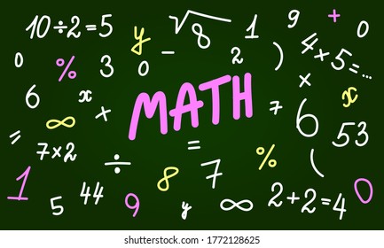 Lettering math, colored numbers and signs written in chalk on a green Board background