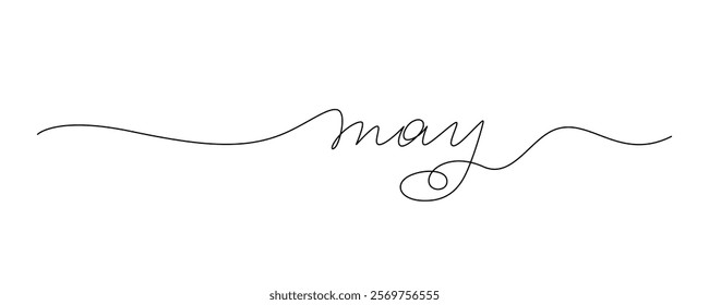 Lettering "May" drawn with continuous line in minimalism, abstract style, handwritten inscription, calendar, name of month, spring, planner, word, letters, one line, editable vector contour