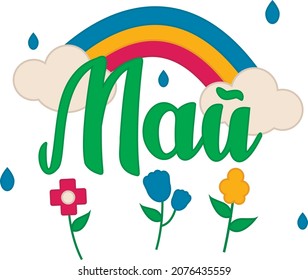 Buchstaben: Mai auf Russisch mit thematischen Elementen: Regenbogen mit Wolken, Regentropfen, Blumen.