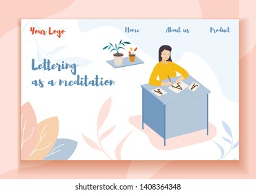 Lettering as a Meditation Horizontal Banner. Young Woman Sitting at Table with Pen in Hand Practicing Calligraphy, Writing Letters, Script, Creative Hobby Recreation. Cartoon Flat Vector Illustration