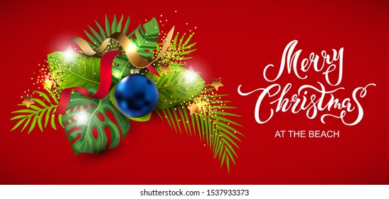 Lettering Merry Christmas at the beach with exotic tropical leaves, festive balls, golden confetti. Great for greeting card, Happy New Year party in Hawaiin style, flyer, web. Place for text. Vector.