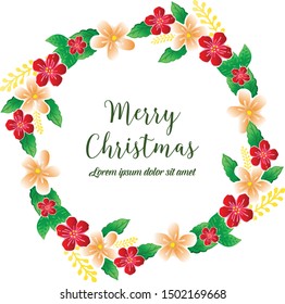 Lettering of merry christmas, colorful flower frame and green leaves. Vector