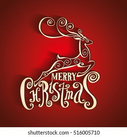 Lettering "Merry Christmas." Composition with reindeer. Twisted Individual font. Hand drawing. Volumetric pattern on a red background