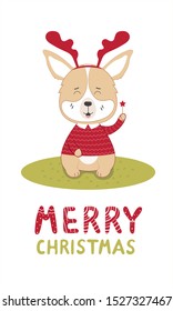 Lettering merry christmas with a dog in reindeer horns and sweater  in a scandinavian style