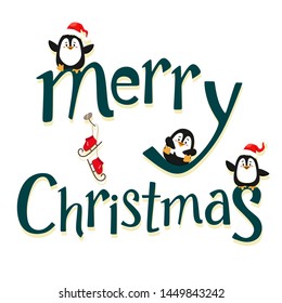 Lettering Merry Christmas with funny and cute penguins on the text. Vector isolate on white background.