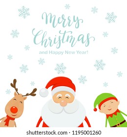 Lettering Merry Christmas and Happy New Year with falling snowflakes on white background. Happy Santa Claus with cute elf and reindeer, illustration.