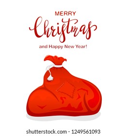 Lettering Merry Christmas and Happy New Year with red sack of Santa on a white background, illustration.
