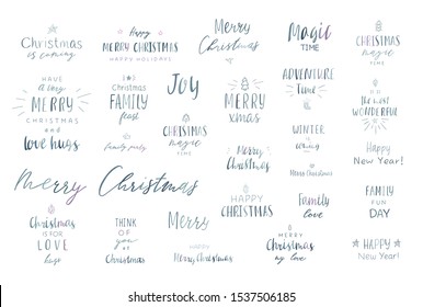 Lettering merry christmas and happy new year. Hand drawn vector illustration. Text templates.