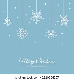 lettering Merry Christmas and Happy New Year snowflakes in the form of Christmas toys hanging on pendants