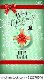 Lettering Merry Christmas and Happy New Year. Christmas symbols and beautiful bows and ribbons. Holiday calligraphy
