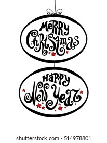 Lettering "Merry Christmas" and "Happy New Year". Vintage style, twisted letters. Hand drawing. Individual font. Holiday greetings Merry Christmas and Happy New Year. Light background, oval frame