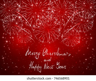 Lettering Merry Christmas and Happy New Year with sparkling fireworks on red shiny background, holiday greeting, illustration.