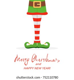 Lettering Merry Christmas and Happy New Year with elf legs in green shoes isolated on white background, illustration.