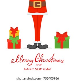 Lettering Merry Christmas and Happy New Year with Santa legs in black shoes and gifts isolated on white background, illustration.