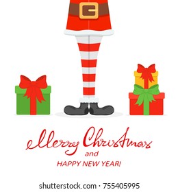 Lettering Merry Christmas and Happy New Year with Santa legs in striped socks and black shoes and gifts isolated on white background, illustration.