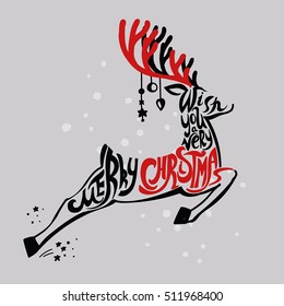 Lettering "Merry Christmas." Christmas illustration composition with reindeer. Cursive. Hand drawing. Light background, red