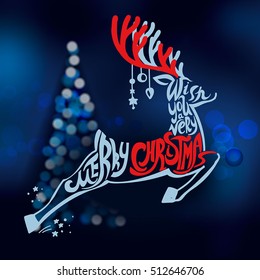Lettering "Merry Christmas." Christmas illustration composition with reindeer. Christmas tree. Cursive. Hand drawing. bokeh effect