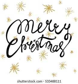 Lettering merry Christmas and illustration of stars with golden glitter. Unique Christmas card design.Xmas design.