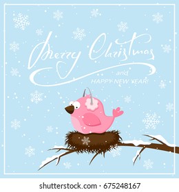 Lettering Merry Christmas on winter background with pink bird and snowflakes, illustration.