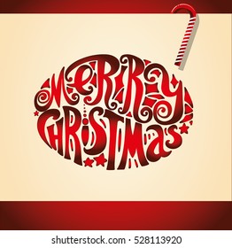 Lettering "Merry Christmas." Oval composition. Vintage style, twisted letters. Hand drawing. Individual font. Congratulation to the holiday Christmas. Light background, red design elements