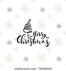 Lettering with Merry Christmas. Phrase for holiday invitations and greetings. Hand drawn design for your holiday cards.