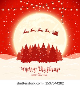 Lettering Merry Christmas and Santa with reindeers flies over Christmas trees on a red snowy background. Illustration can be used for children's holiday design, cards, invitations and banners.