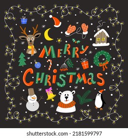 Lettering Merry Christmas. Christmas set: Christmas tree, deer, bear, penguin, garland, mittens, gifts, bell, snowman, house, Christmas toy. let it snow. Vector illustration on a dark background