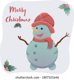 Lettering Merry Christmas with snowman in hat and scarf vector flat illustration. Holly, christmas card, poster. New year style, holidays vibes, christmas mood.