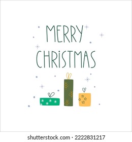 Lettering: Merry Christmas. A square postcard with gifts, Christmas candles, snow, snowflakes. Suitable for invitations, holiday greetings, interior decoration, clothes, merch.